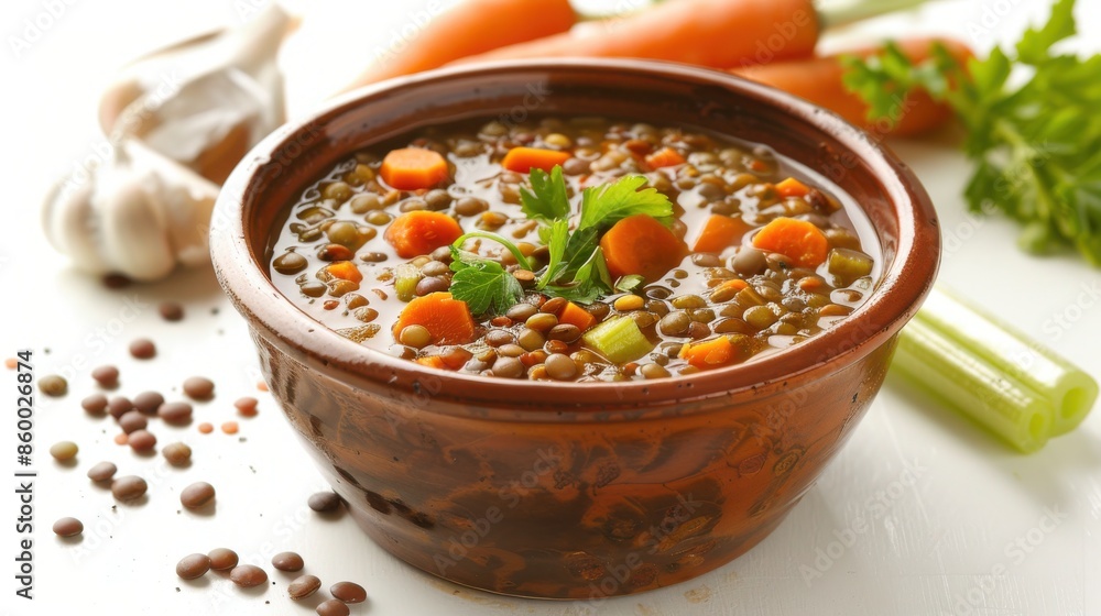 Aromatic lentil soup garnished with colorful carrots in a white bowl Aromatic lentil soup garnished with colorful carrots in a white bowl
