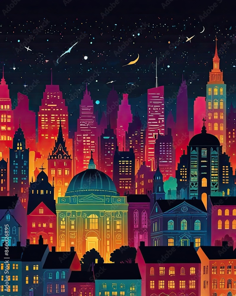 Fototapeta premium Dark cityscape illustration with illuminated buildings reaching towards a starry night sky