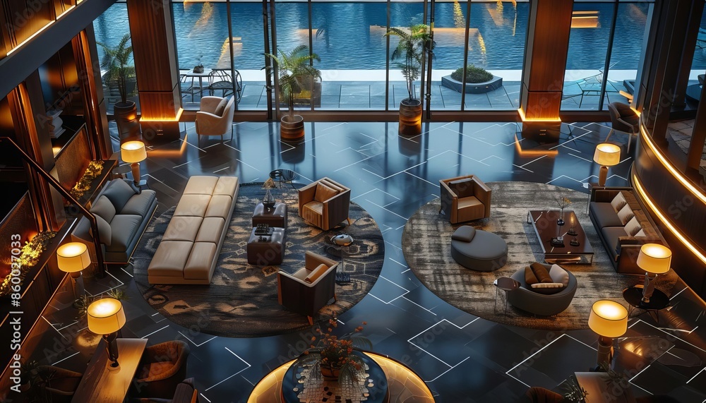 Luxurious hotel lobby with modern interior design, comfortable seating ...