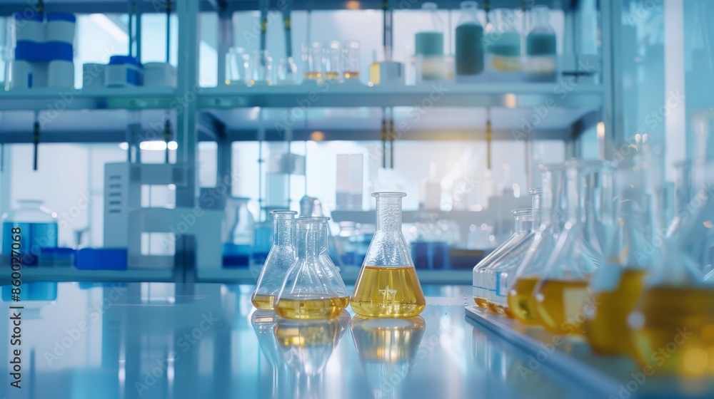 Chemistry Lab with Yellow Liquid in Flasks, Close Up Chemistry Lab with Yellow Liquid in Flasks, Close Up