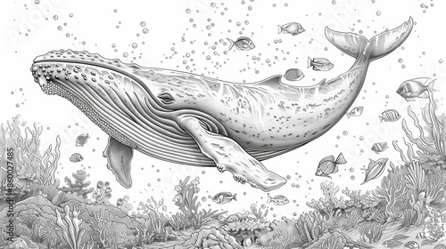 A serene coloring book page depicting a majestic whale swimming deep in the ocean, with smaller fish and sea creatures around it.