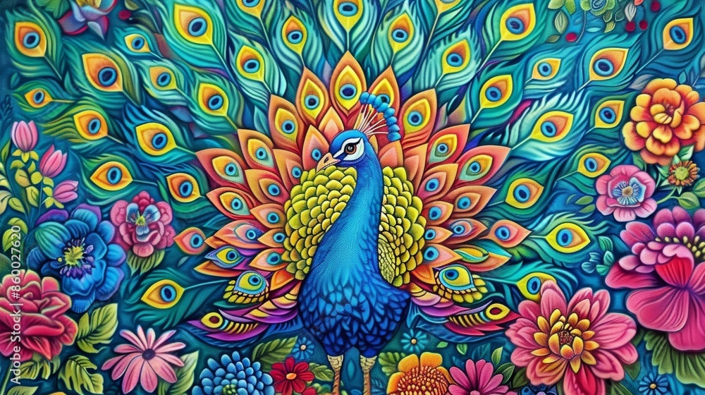 Fototapeta premium A vibrant coloring book page showing a flamboyant peacock displaying its magnificent tail feathers, with intricate designs on each feather and surrounding flowers.