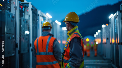 Engineers in high-visibility vests and helmets working in an illuminated outdoor data center at dusk.
