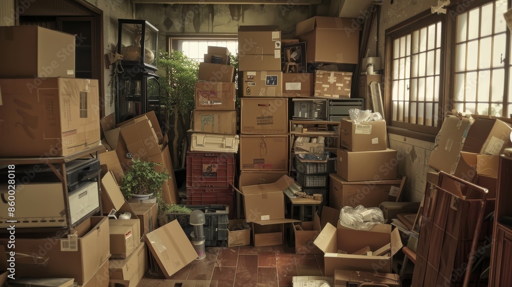 Cluttered room packed with organized boxes and furniture for imminent relocation. Cluttered room packed with organized boxes and furniture for imminent relocation.