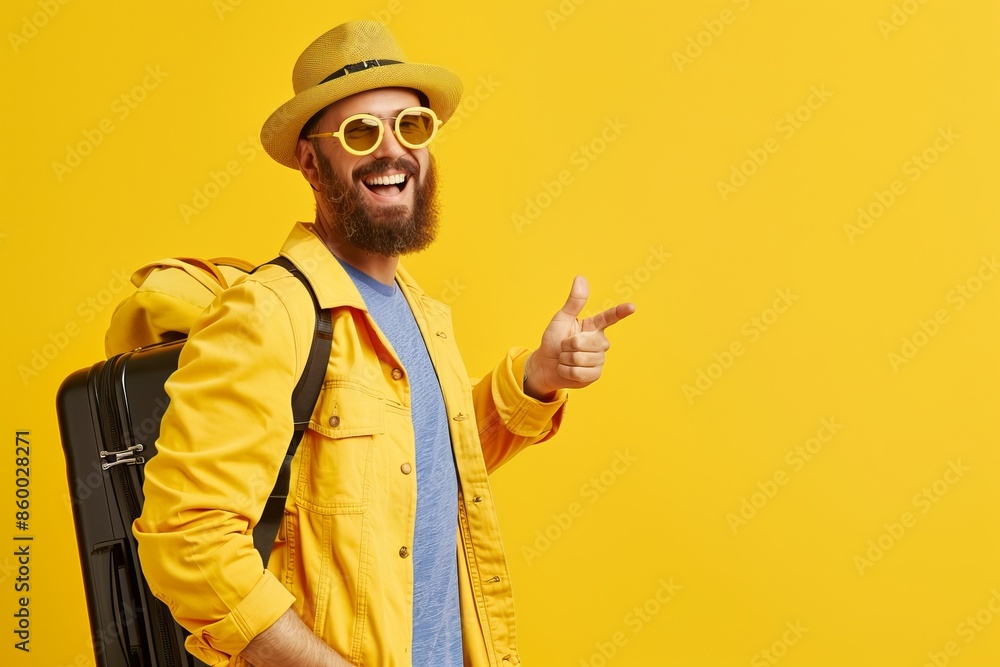 Cheerful man in a bright yellow outfit, pointing and smiling, against a vibrant yellow background. He wears sunglasses and a hat. Fun and positive vibe. Studio shot. Generative AI Cheerful man in a bright yellow outfit, pointing and smiling, against a vibrant yellow background. He wears sunglasses and a hat. Fun and positive vibe. Studio shot. Generative AI