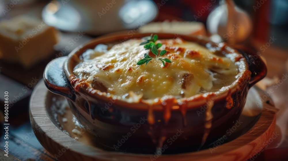 Aromatic French Onion Soup in a Ceramic Bowl garnished elegantly Aromatic French Onion Soup in a Ceramic Bowl garnished elegantly
