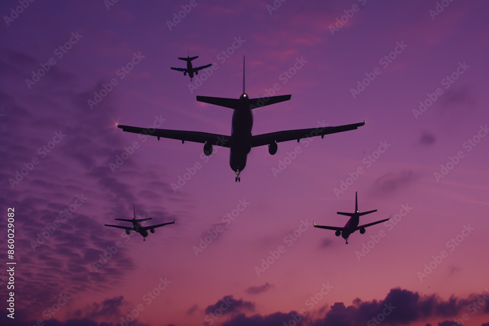 Obraz premium Military Precision: The Jet Over Purple Dusk at a Parade