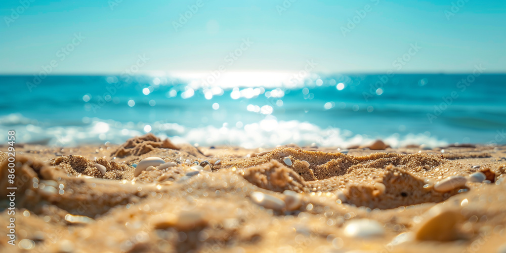 Close-up of sandy beach with shells and a beautiful ocean view, highlighting a serene and sunny seaside atmosphere Close-up of sandy beach with shells and a beautiful ocean view, highlighting a serene and sunny seaside atmosphere