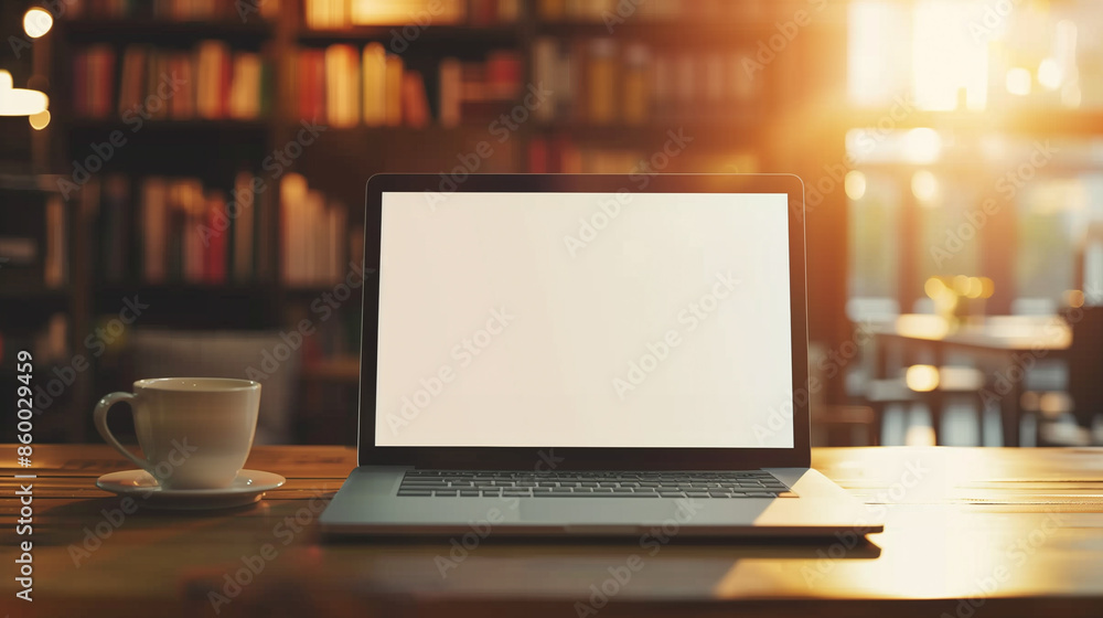 Fototapeta premium Laptop with blank screen and coffee cup on a wooden table in a stylish, modern workspac