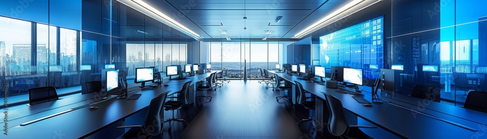 High-tech office Multiple monitors on a table Sleek and modern design Hi-tech atmosphere Minimalist decor with high-tech equipment. High-tech office Multiple monitors on a table Sleek and modern design Hi-tech atmosphere Minimalist decor with high-tech equipment.