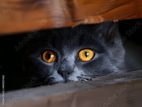 This close-up shot captures a captivating cat with sleek, dark fur and striking amber eyes peering through a gap in wooden planks. The contrast between the cat’s intense gaze and the surrounding darkn photo