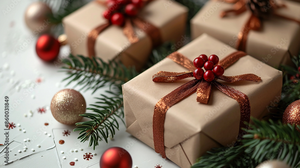 wide horizontal red and gold Christmas party background banner with wrapped and decorated gift boxes on a table wide horizontal red and gold Christmas party background banner with wrapped and decorated gift boxes on a table