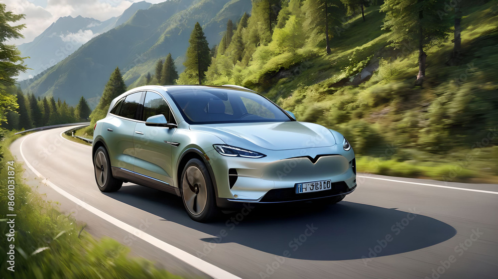 Naklejka premium A car or an SUV is driving along the road, with forests all around. Sunlight, mountains.