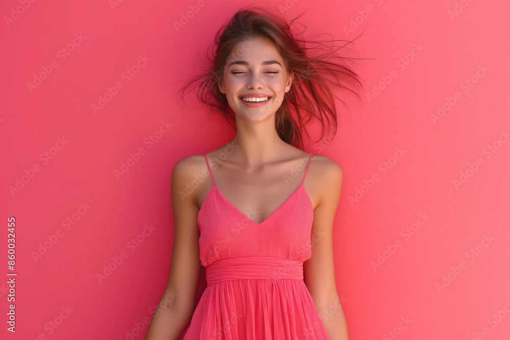 Full Body Shot of Happy Young Woman in Summer Dress Posing in Minimal Soft Studio Light with Bold Color Background Full Body Shot of Happy Young Woman in Summer Dress Posing in Minimal Soft Studio Light with Bold Color Background