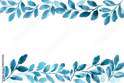 Watercolor hand drawn leaves. Horizontal arranging of foliage