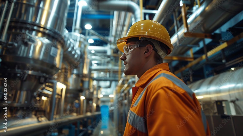 An engineer in protective clothing inspects large machinery within an industrial plant, highlighting the focus on safety and efficiency. An engineer in protective clothing inspects large machinery within an industrial plant, highlighting the focus on safety and efficiency.