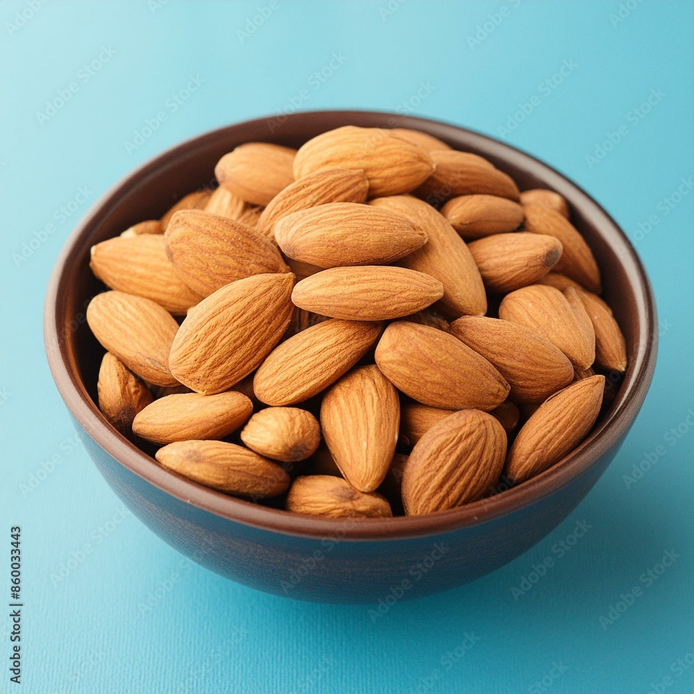 Fresh almonds nut in bowl on blue background Fresh almonds nut in bowl on blue background