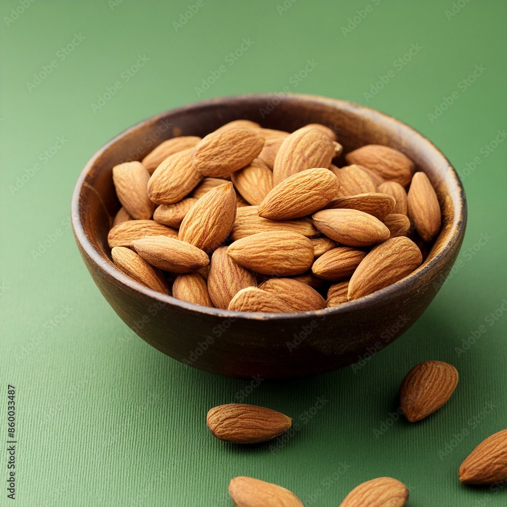 Fresh almonds nut in bowl on green background Fresh almonds nut in bowl on green background