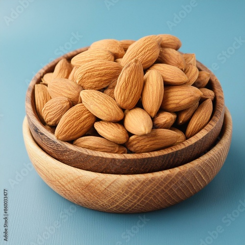 Fresh almonds nut in bowl on blue background  photo