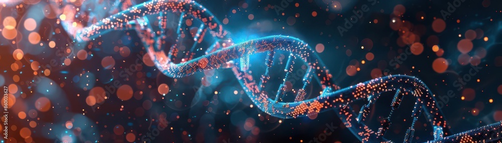 Digital representation of DNA strand with glowing particles highlighting genetic structure, symbolizing scientific research and medical innovation. Digital representation of DNA strand with glowing particles highlighting genetic structure, symbolizing scientific research and medical innovation.