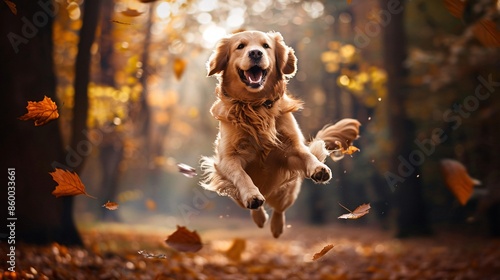 Golden Retriever Playing and Jumping in Autumn Leaves Vibrant Colors and Joyful Moments Background