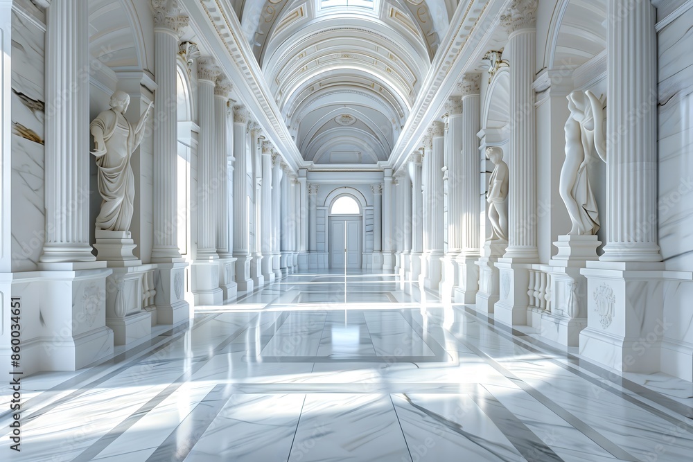 Marble corridor with statues, marble columns on both sides of the hallway, symmetrical composition, marble floor with patterns and light effects.