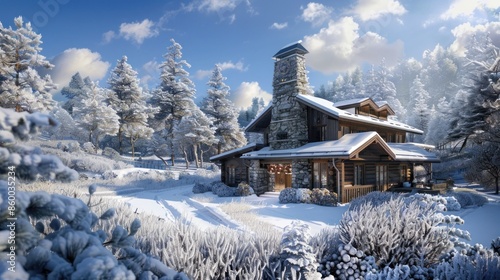 Chalet Villa with Stone Chimney and Winter Forest: 