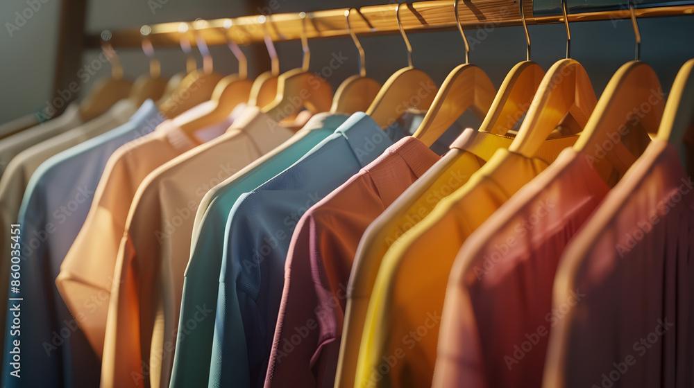 Choice of fashion clothes of different colors on wooden hangers : Generative AI Choice of fashion clothes of different colors on wooden hangers : Generative AI