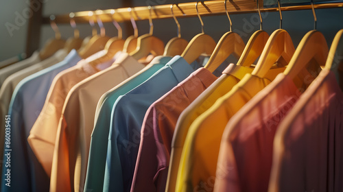Wallpaper Mural Choice of fashion clothes of different colors on wooden hangers : Generative AI Torontodigital.ca