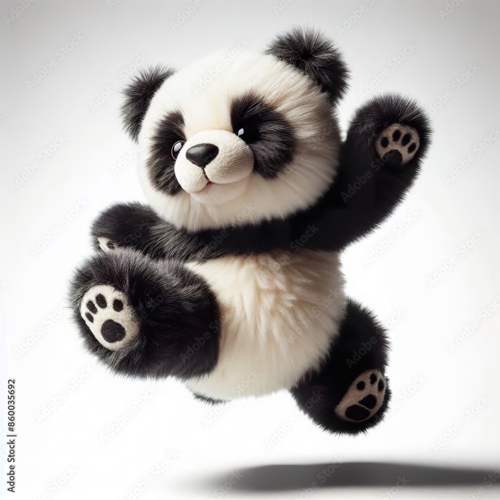 a fur plush stuffed panda teddy bear, jumping a fur plush stuffed panda teddy bear, jumping