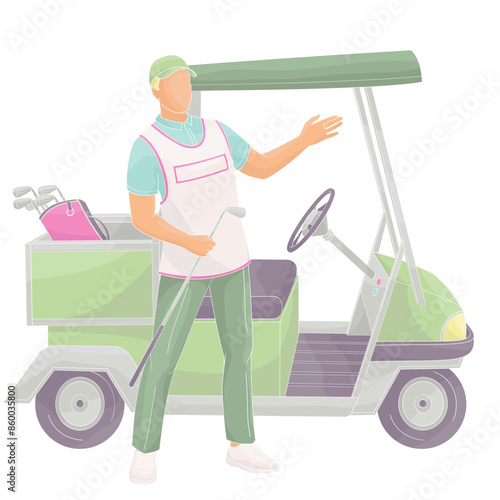 smiling golf club staff character  male caddie with golf car buggy