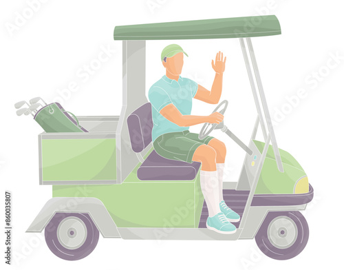 smiling golf club staff character male caddie driving a golf cart