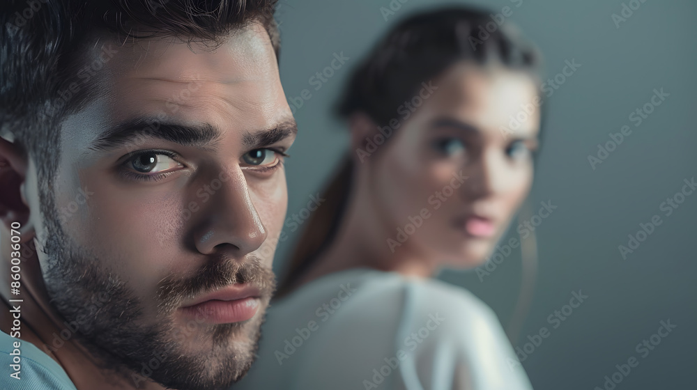 Obraz premium selective focus of trendy man looking at camera near stylish woman isolated on grey : Generative AI