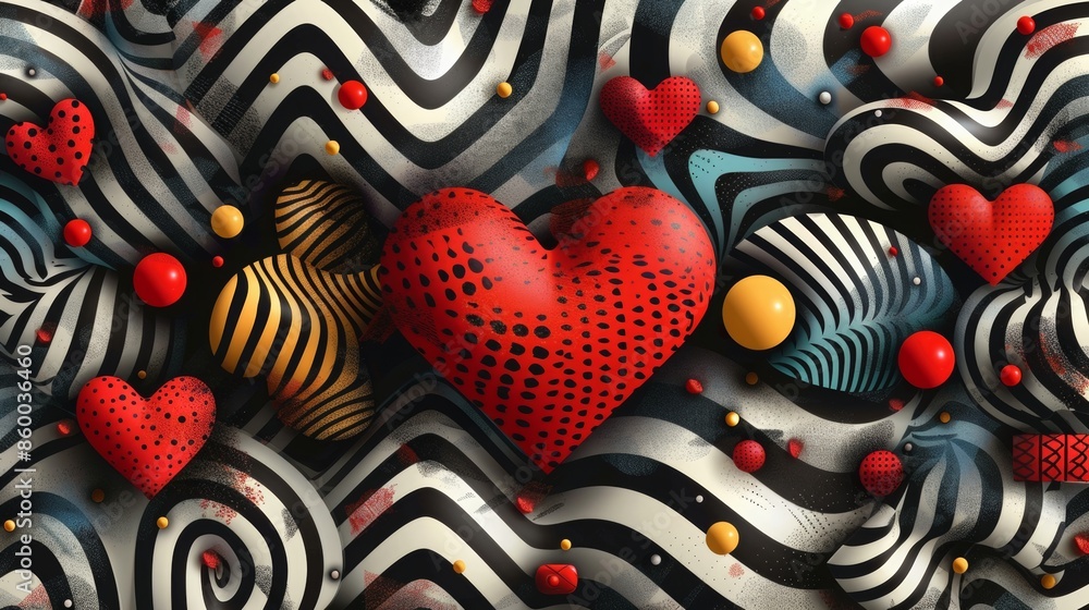 black and white geometric abstract red heart pattern 3d black and white geometric abstract red heart pattern 3d