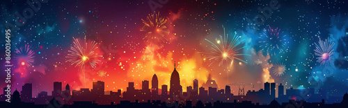 background featuring silhouettes of Indian skylines with minimalist firework bursts above, capturing the urban celebration of Diwali in a clean, modern style