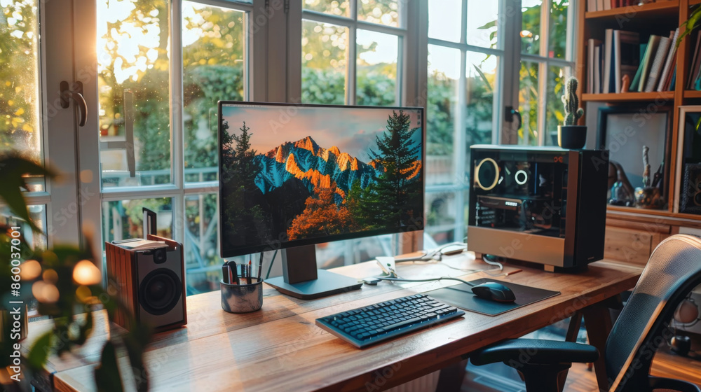 Modern home office setup featuring a computer, wooden desk, and large ...