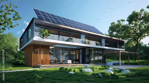 Modernist Villa with Solar Panels and Blue Sky 