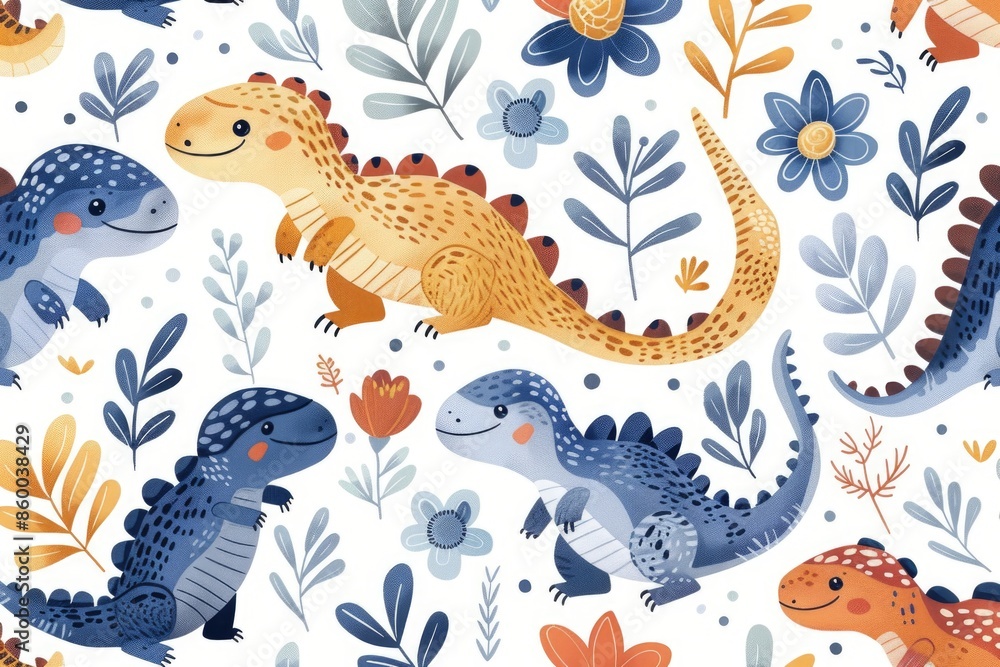 Fototapeta premium lizards with tree branches set with cartoon reptile animals , tropical wildlife. ai generated