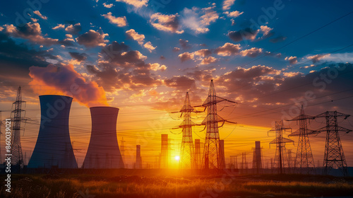 Electricity distribution station and high voltage electric transmission tower with power lines and transformers.