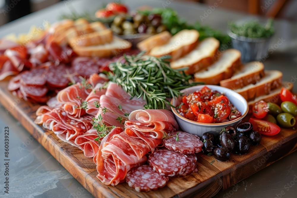 A beautifully arranged charcuterie board featuring an assortment of cured meats, olives, pickles, and artisan bread. A beautifully arranged charcuterie board featuring an assortment of cured meats, olives, pickles, and artisan bread.