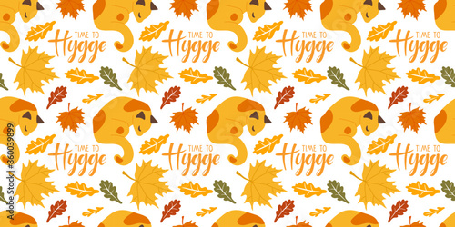 Autumn seamless pattern. Time to Hygge text, sleeping cat, red leaves. Autumn cute and cozy design repeated element. Autumn vector illustration for wallpaper, wrapping, textile, scrapbooking