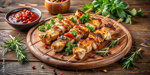 Grilled chicken skewers with a variety of seasonings and herbs on a wooden platter, grilled, chicken, skewers, seasonings, herbs
