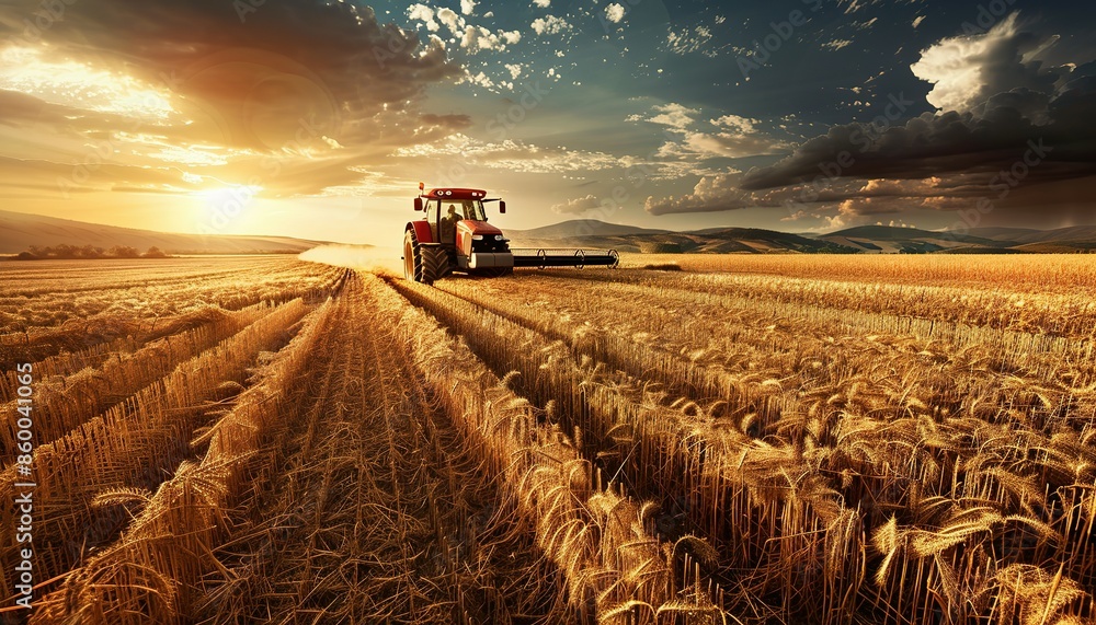 Fototapeta premium Harvesting Wheat Field Under Dramatic Sunset