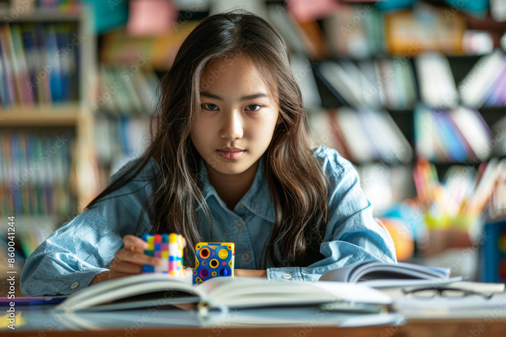Teenage girl learning at desk. Fidget cubes and toys displayed as essential tools for neurodiverse teenage students, promoting concentration and tranquility in educational settings. Teenage girl learning at desk. Fidget cubes and toys displayed as essential tools for neurodiverse teenage students, promoting concentration and tranquility in educational settings.