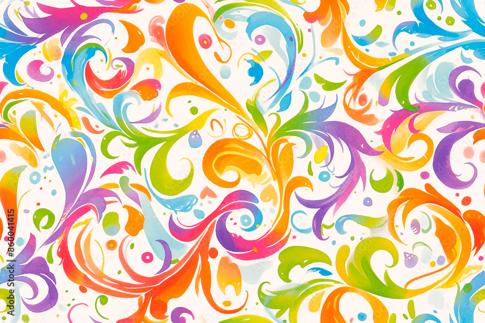 A vibrant seamless pattern with swirling floral designs in rainbow colors, creating a lively tile ornament perfect for cheerful decoration and joyful design concepts A vibrant seamless pattern with swirling floral designs in rainbow colors, creating a lively tile ornament perfect for cheerful decoration and joyful design concepts