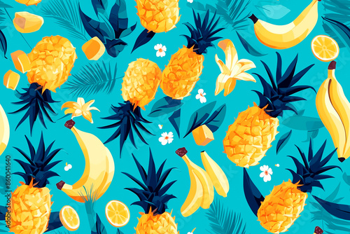 A fun and cheerful seamless pattern with pineapples and bananas on a bright turquoise background, creating a playful tile design ideal for tropical-themed decor and summer vibes