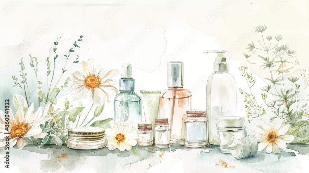 Delicate watercolor rendering capturing the beauty of natural beauty essentials Delicate watercolor rendering capturing the beauty of natural beauty essentials