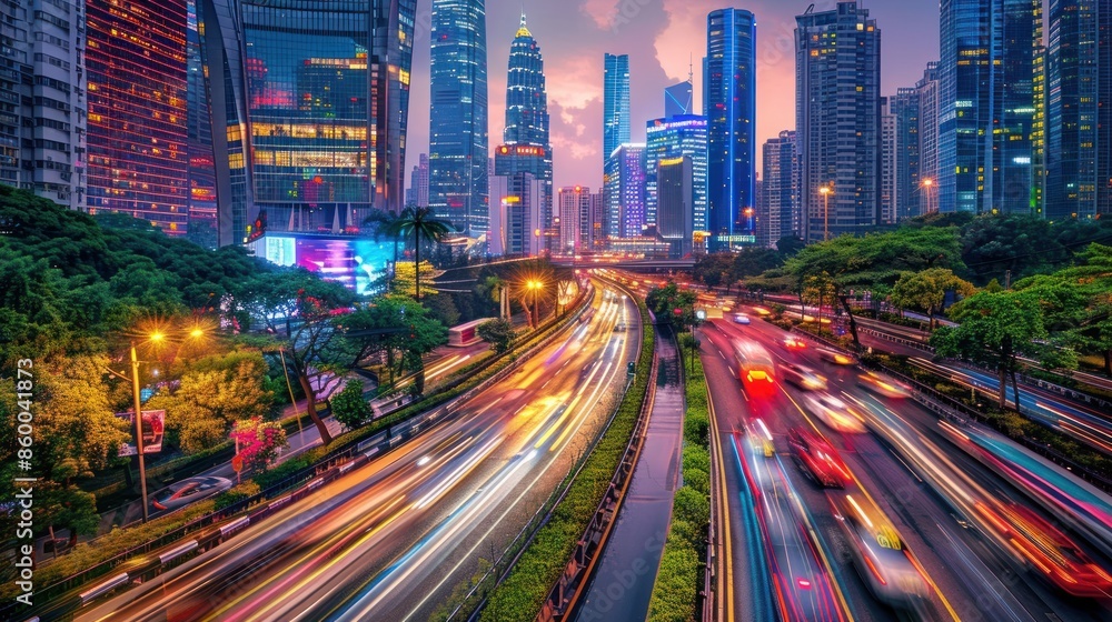 Fototapeta premium Cityscape with Traffic Light Trails at Dusk