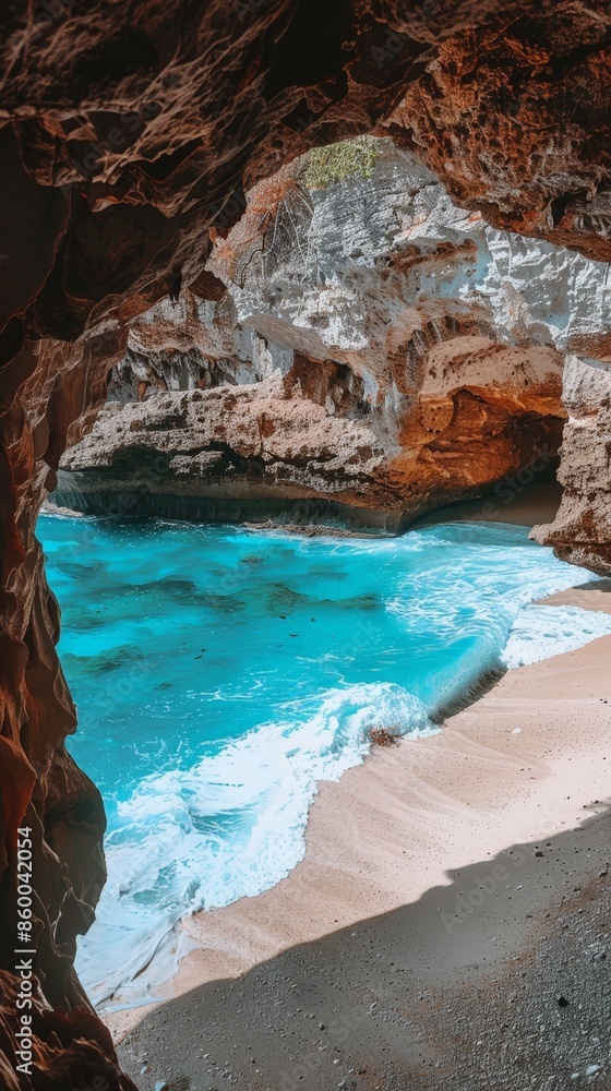 Secluded Paradise Beach View through a Coastal Cave Secluded Paradise Beach View through a Coastal Cave