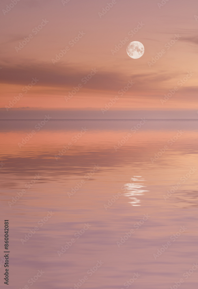 Ocean, moon and water waves at beach for vacation, holiday or weekend trip paradise. Landscape, evening and horizon for outdoor travel and adventure by sea shore with sunset on tropical island
